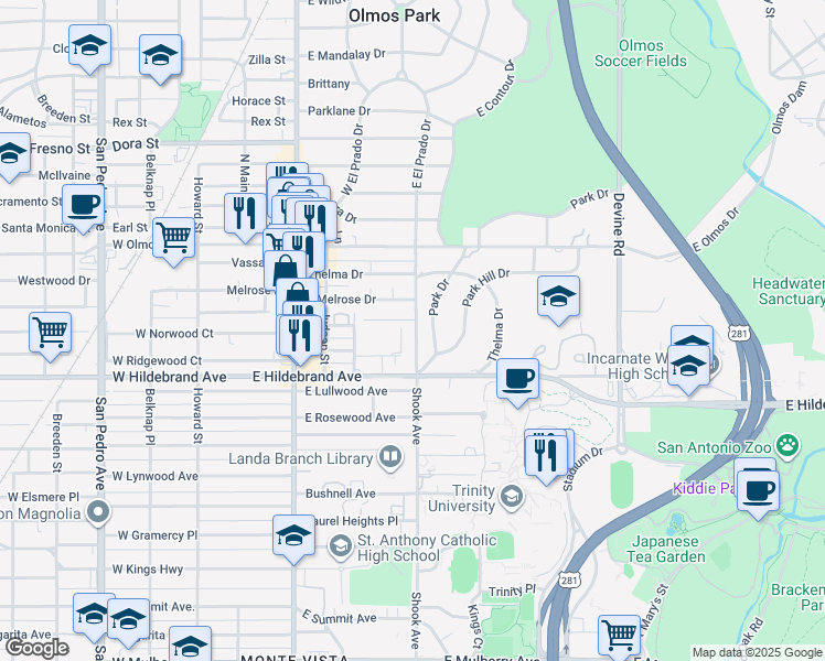 map of restaurants, bars, coffee shops, grocery stores, and more near 1029 Shook Avenue in San Antonio