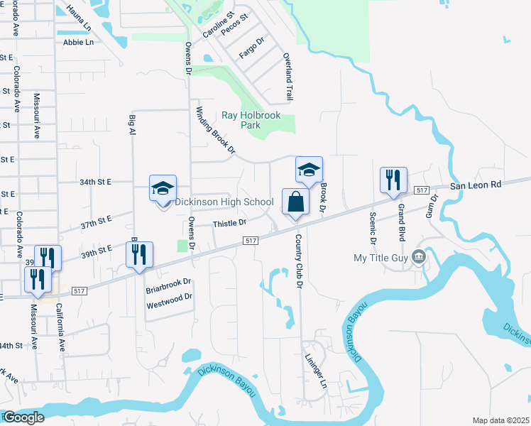 map of restaurants, bars, coffee shops, grocery stores, and more near 5599 Thistle Drive in Dickinson