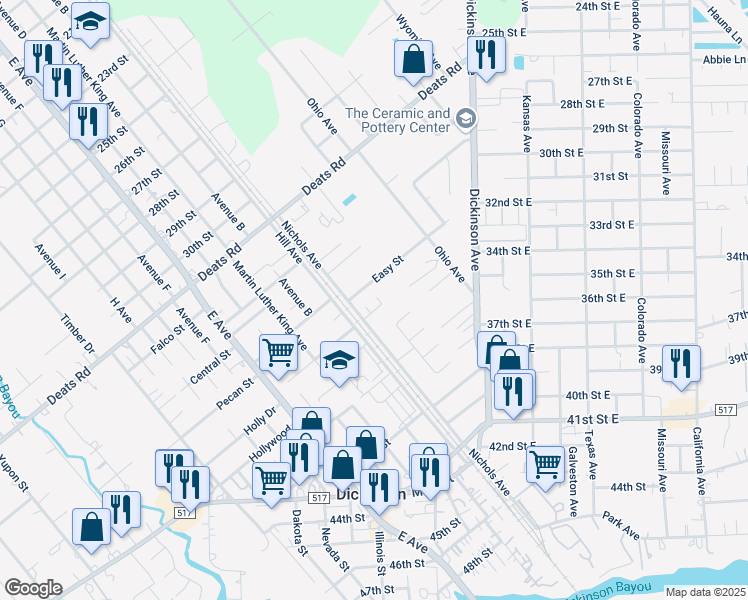map of restaurants, bars, coffee shops, grocery stores, and more near 4003 Strawberry Court in Dickinson