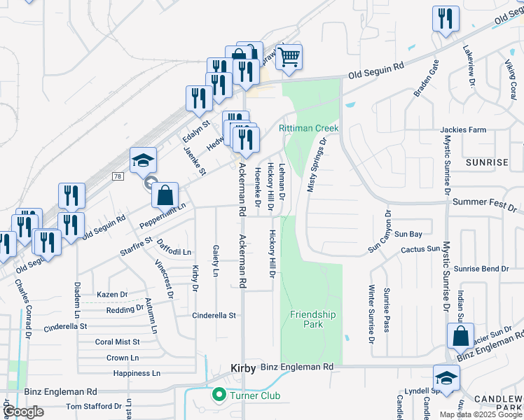 map of restaurants, bars, coffee shops, grocery stores, and more near 5514 Harris Road in San Antonio