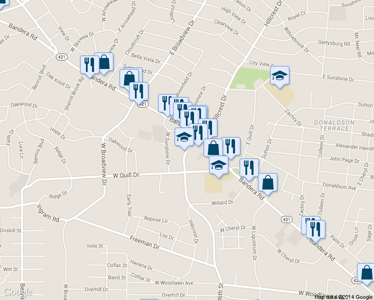 map of restaurants, bars, coffee shops, grocery stores, and more near 1474 Hillcrest Drive in San Antonio