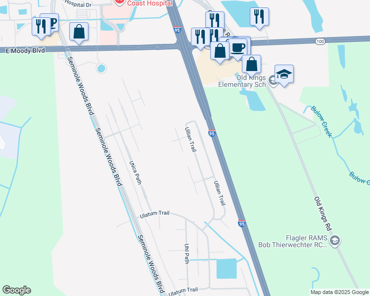 map of restaurants, bars, coffee shops, grocery stores, and more near 89 Ullian Trail in Palm Coast