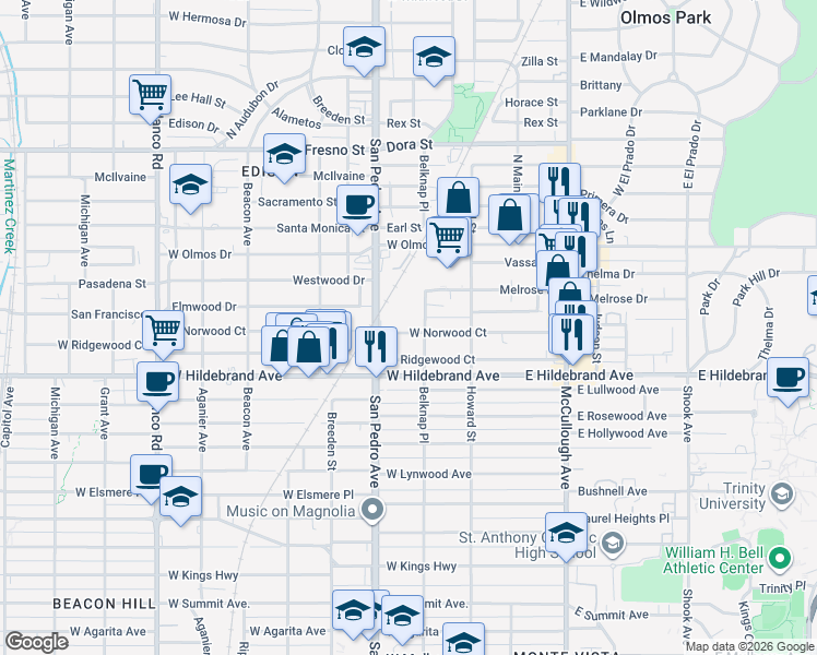 map of restaurants, bars, coffee shops, grocery stores, and more near 2121 Belknap Place in San Antonio