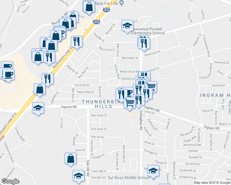 map of restaurants, bars, coffee shops, grocery stores, and more near 3500 Camino Real in San Antonio