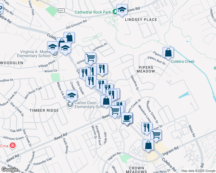 map of restaurants, bars, coffee shops, grocery stores, and more near 7919 Pipers Lane in San Antonio