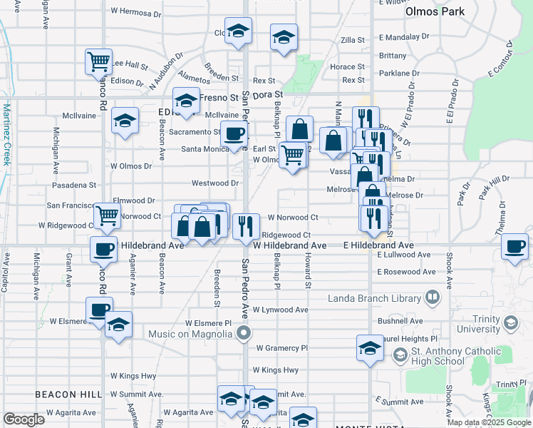 map of restaurants, bars, coffee shops, grocery stores, and more near 2121 Belknap Place in San Antonio