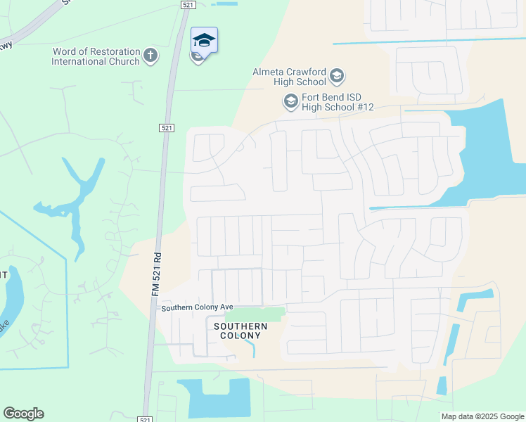 map of restaurants, bars, coffee shops, grocery stores, and more near 447 Ashley Falls Lane in Rosharon