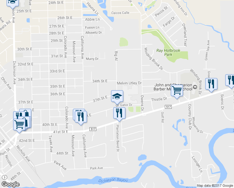 map of restaurants, bars, coffee shops, grocery stores, and more near 3701 Baker Drive in Dickinson