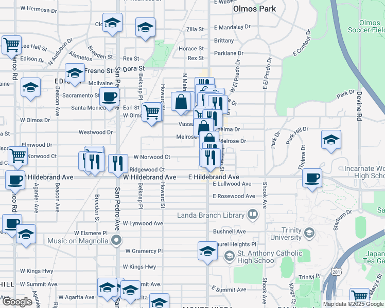 map of restaurants, bars, coffee shops, grocery stores, and more near 123 East Norwood Court in San Antonio