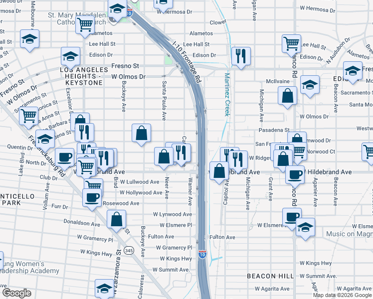 map of restaurants, bars, coffee shops, grocery stores, and more near 1339 West Ridgewood Court in San Antonio