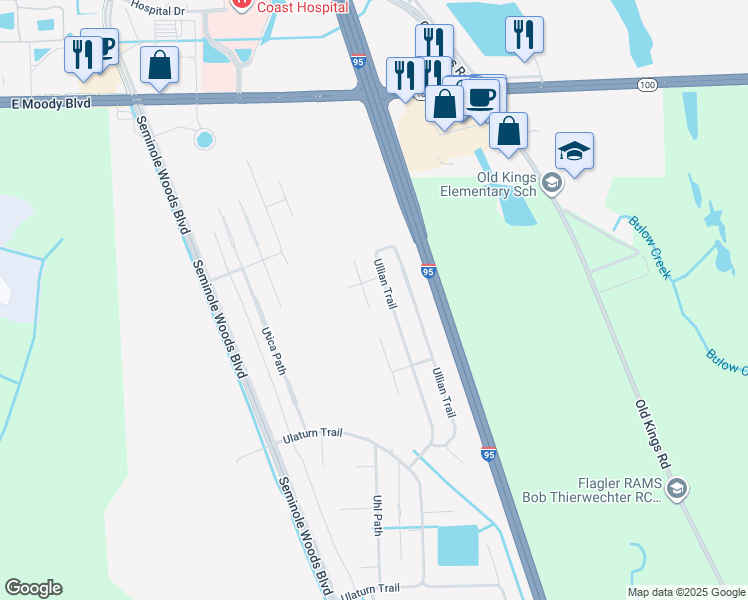 map of restaurants, bars, coffee shops, grocery stores, and more near 89 Ullian Trail in Palm Coast