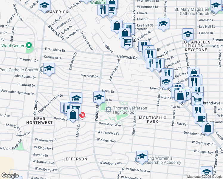 map of restaurants, bars, coffee shops, grocery stores, and more near 410 North Drive in San Antonio