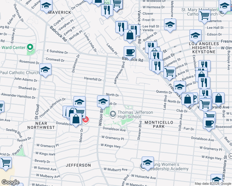 map of restaurants, bars, coffee shops, grocery stores, and more near 410 North Drive in San Antonio