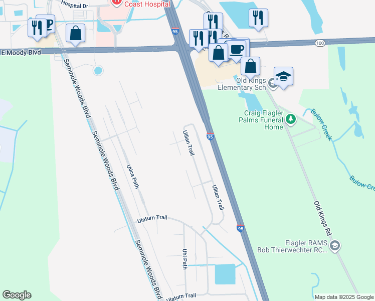 map of restaurants, bars, coffee shops, grocery stores, and more near 89 Ullian Trail in Palm Coast
