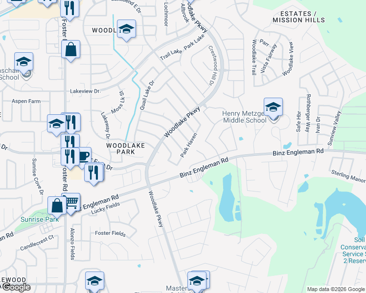 map of restaurants, bars, coffee shops, grocery stores, and more near 6734 Park Haven in San Antonio