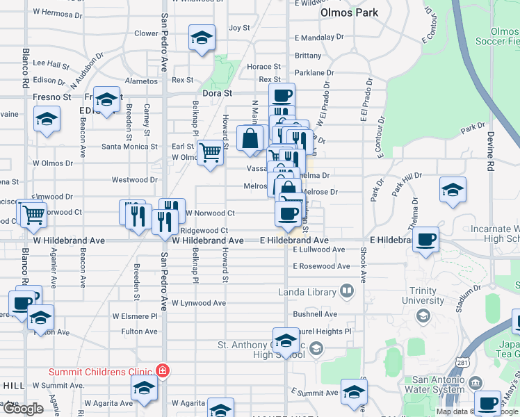 map of restaurants, bars, coffee shops, grocery stores, and more near 126 East Norwood Court in San Antonio