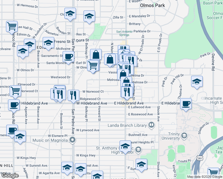 map of restaurants, bars, coffee shops, grocery stores, and more near 114 West Norwood Court in San Antonio