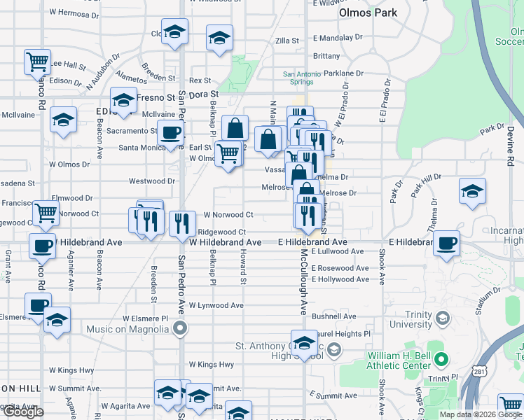 map of restaurants, bars, coffee shops, grocery stores, and more near 114 West Norwood Court in San Antonio