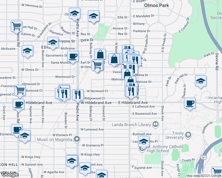 map of restaurants, bars, coffee shops, grocery stores, and more near 114 West Norwood Court in San Antonio