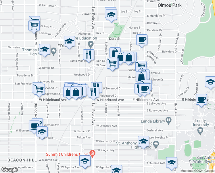 map of restaurants, bars, coffee shops, grocery stores, and more near 2121 Belknap Place in San Antonio