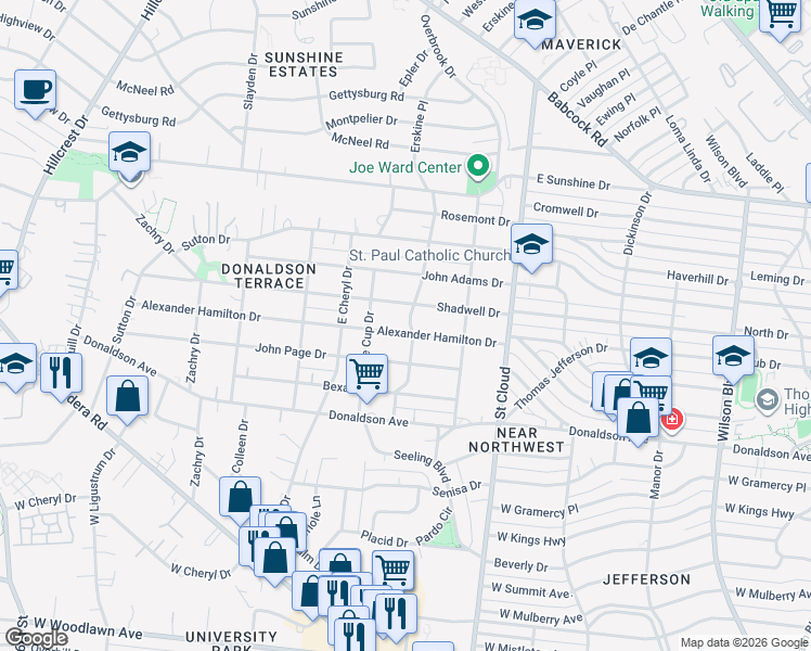 map of restaurants, bars, coffee shops, grocery stores, and more near 702 Alexander Hamilton Drive in San Antonio