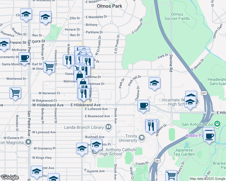 map of restaurants, bars, coffee shops, grocery stores, and more near 1045 Shook Avenue in San Antonio