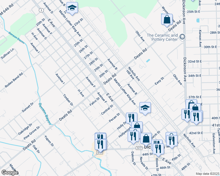 map of restaurants, bars, coffee shops, grocery stores, and more near 3102 Avenue D in Dickinson