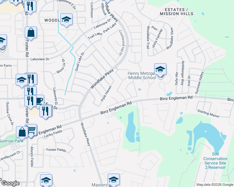 map of restaurants, bars, coffee shops, grocery stores, and more near 7107 Caddo Lake Drive in San Antonio