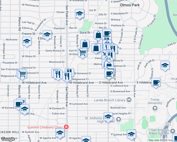 map of restaurants, bars, coffee shops, grocery stores, and more near 312 Melrose Place in San Antonio