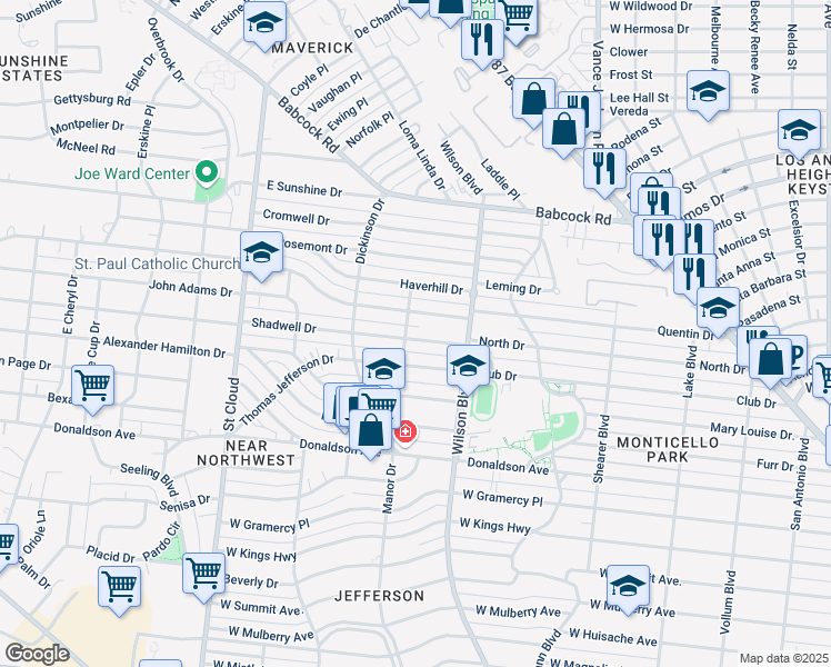 map of restaurants, bars, coffee shops, grocery stores, and more near 202 Sutton Drive in San Antonio