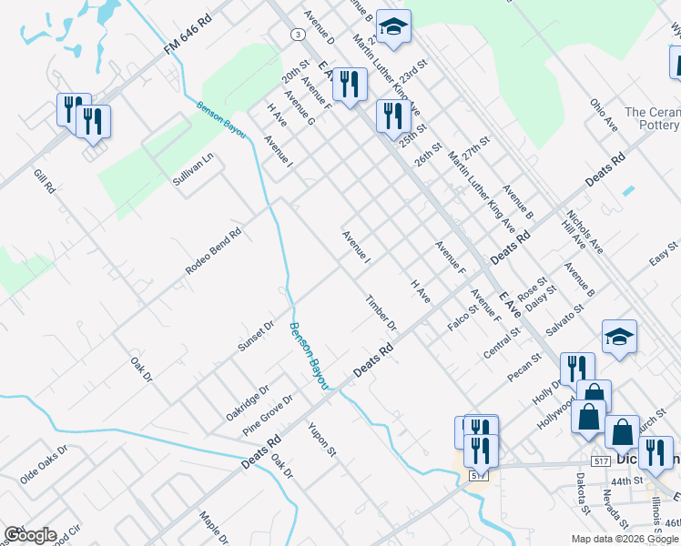 map of restaurants, bars, coffee shops, grocery stores, and more near 2702 Timber Drive in Dickinson