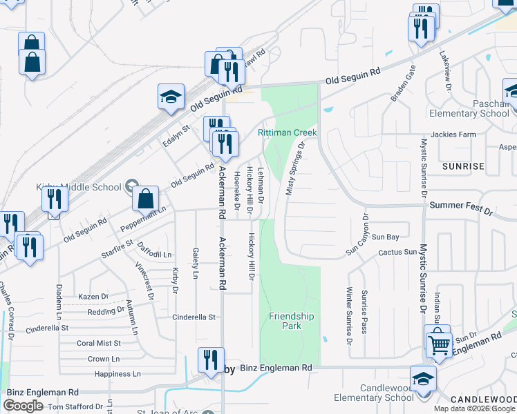 map of restaurants, bars, coffee shops, grocery stores, and more near 4335 Lehman Drive in Kirby