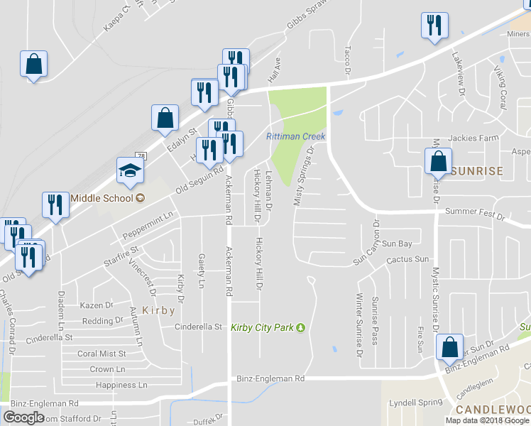 map of restaurants, bars, coffee shops, grocery stores, and more near 4315 Lehman Drive in San Antonio