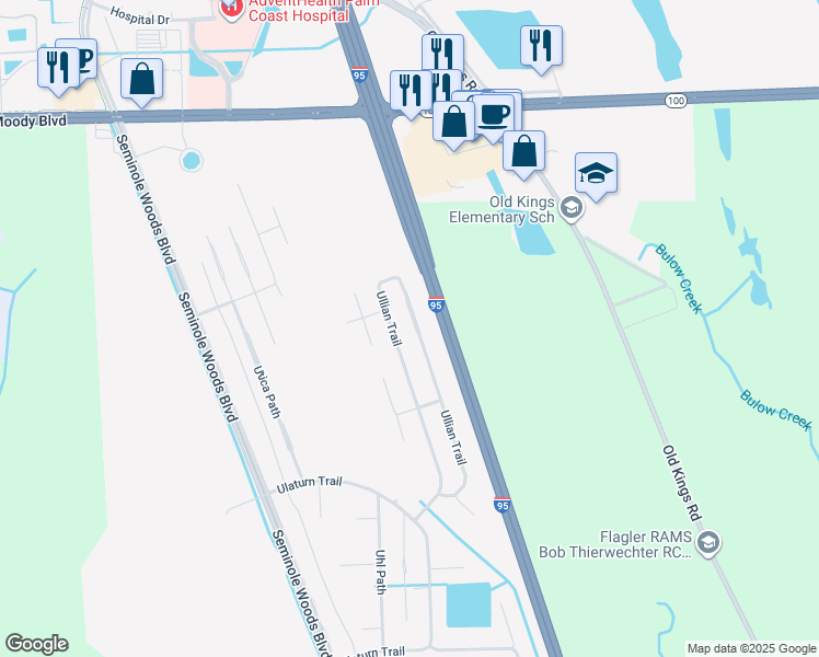 map of restaurants, bars, coffee shops, grocery stores, and more near 112 Ullian Trail in Palm Coast