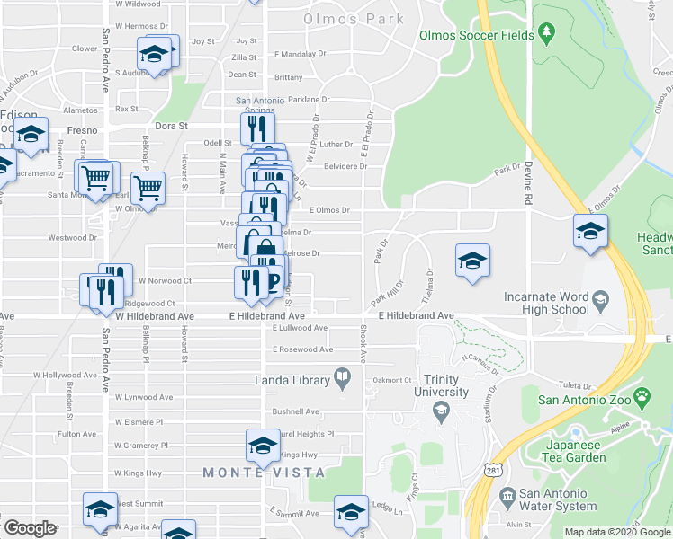 map of restaurants, bars, coffee shops, grocery stores, and more near 310 East Melrose Drive in San Antonio