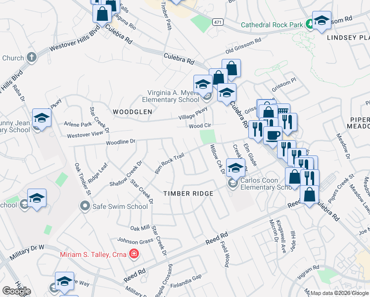 map of restaurants, bars, coffee shops, grocery stores, and more near 8418 Cactus Creek in San Antonio
