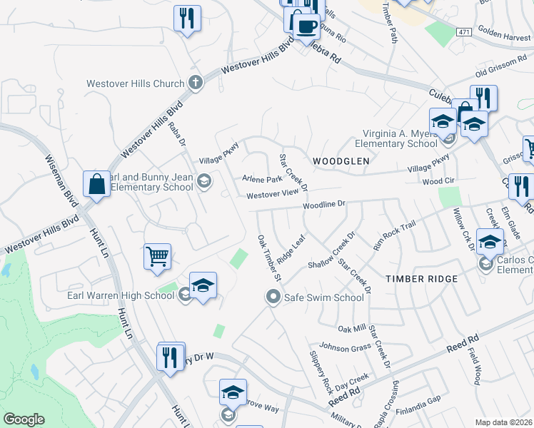 map of restaurants, bars, coffee shops, grocery stores, and more near 2636 Westover View in San Antonio
