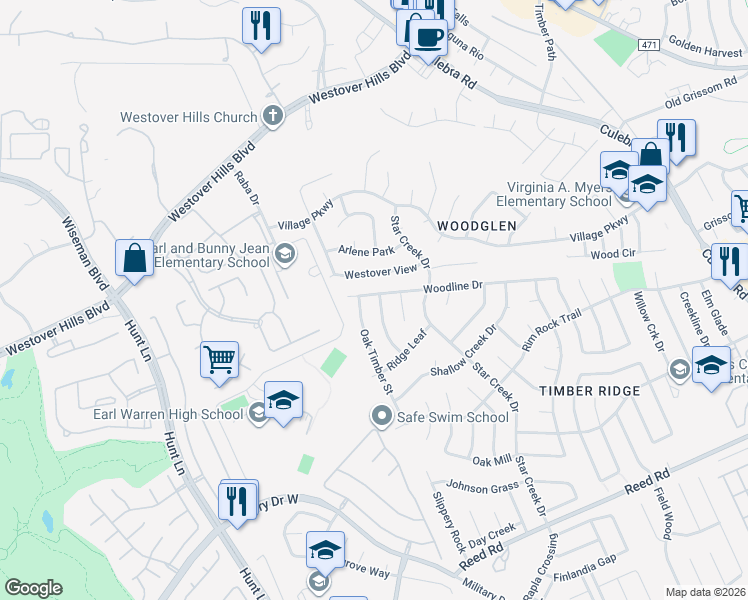map of restaurants, bars, coffee shops, grocery stores, and more near 2636 Westover View in San Antonio
