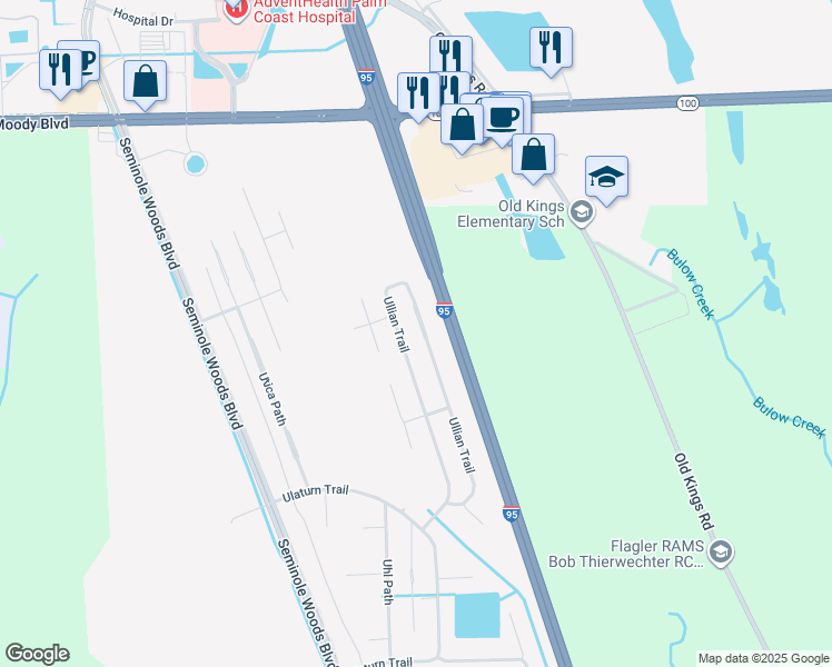 map of restaurants, bars, coffee shops, grocery stores, and more near 112 Ullian Trail in Palm Coast