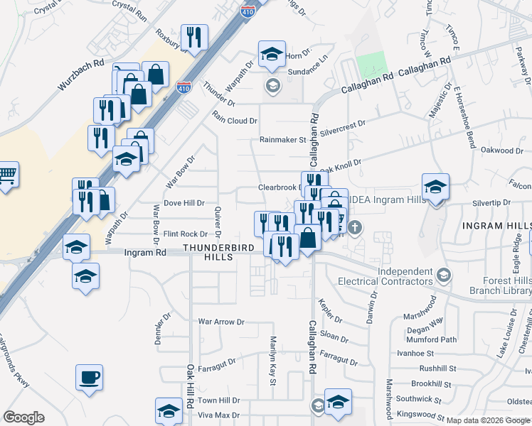 map of restaurants, bars, coffee shops, grocery stores, and more near 3400 Camino Real in San Antonio