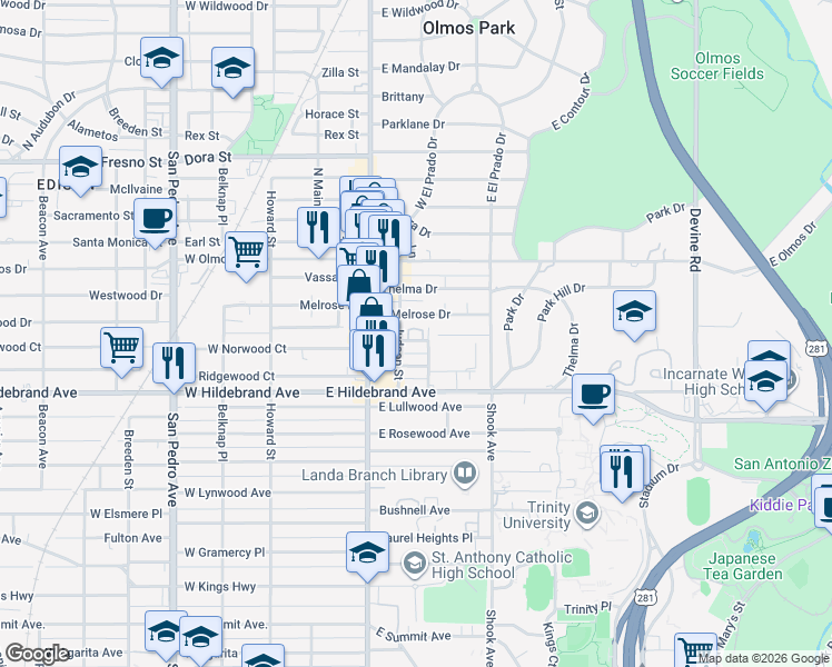 map of restaurants, bars, coffee shops, grocery stores, and more near 215 Annie Street in San Antonio