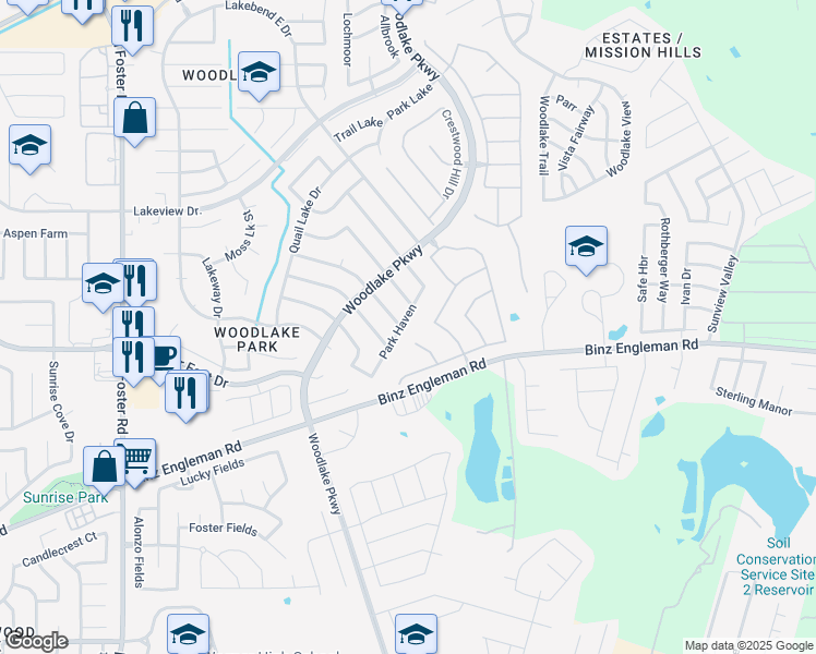 map of restaurants, bars, coffee shops, grocery stores, and more near 7107 Caddo Lake Drive in San Antonio