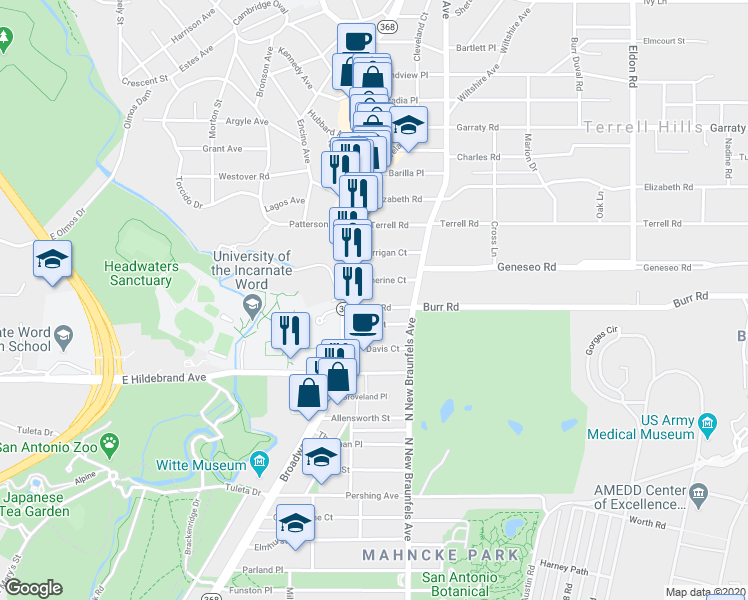 map of restaurants, bars, coffee shops, grocery stores, and more near 116 Katherine Court in Alamo Heights