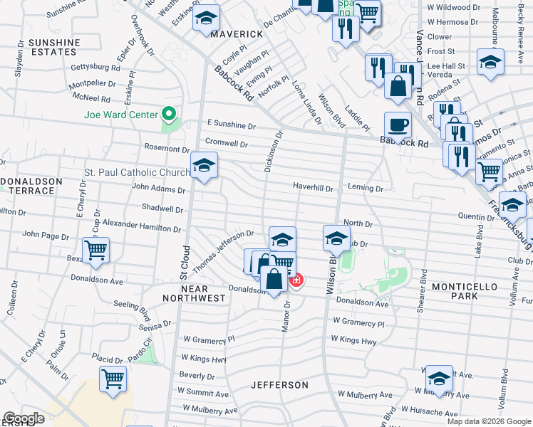 map of restaurants, bars, coffee shops, grocery stores, and more near 230 Sutton Drive in San Antonio