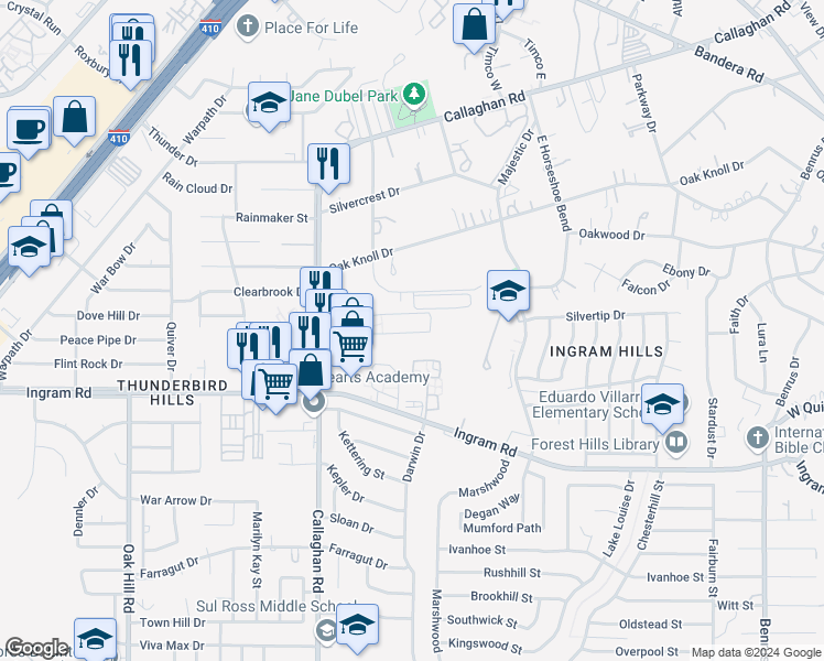 map of restaurants, bars, coffee shops, grocery stores, and more near 5901 Flynn Drive in San Antonio
