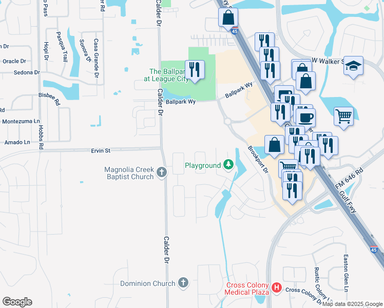 map of restaurants, bars, coffee shops, grocery stores, and more near 3002 Barrington Springs Lane in Dickinson