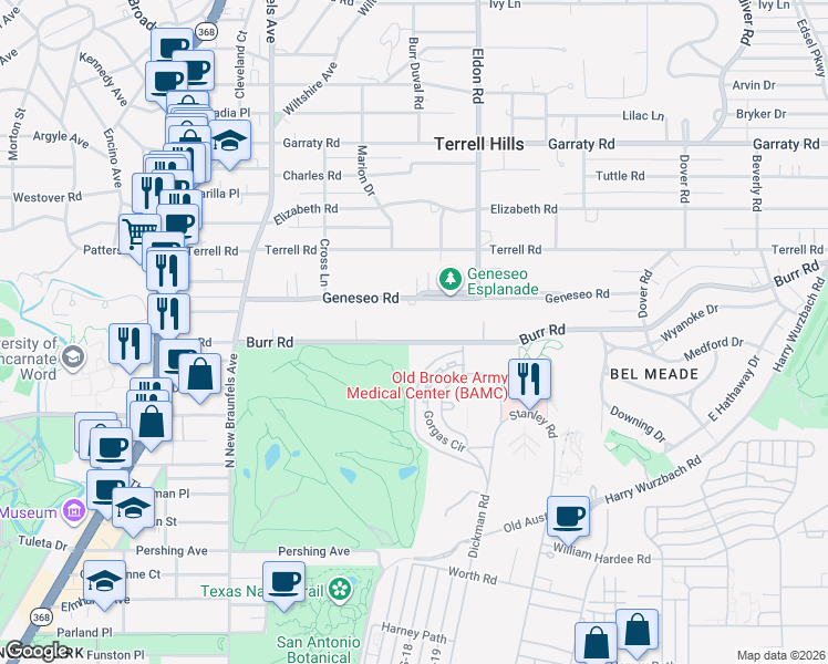 map of restaurants, bars, coffee shops, grocery stores, and more near 256 Geneseo Road in San Antonio