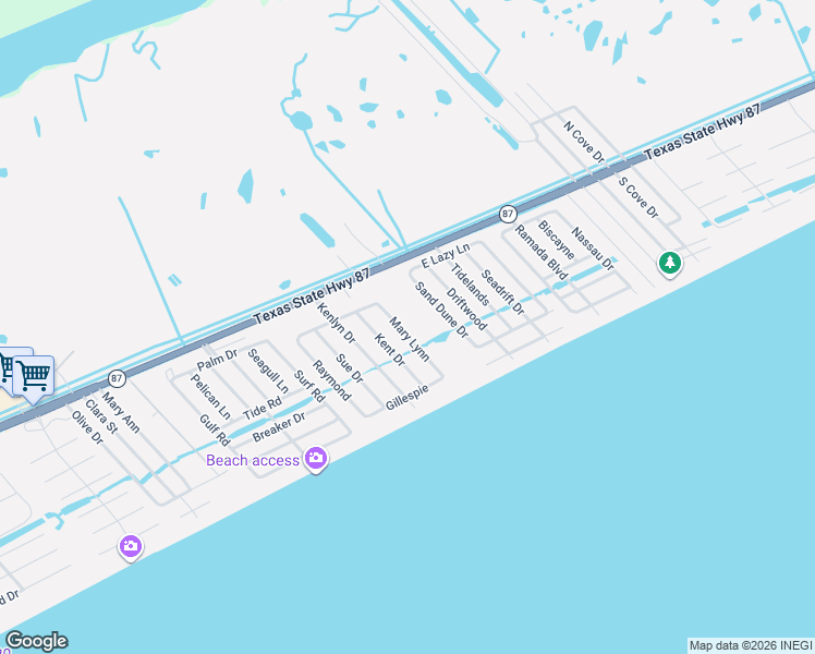 map of restaurants, bars, coffee shops, grocery stores, and more near 955 Sand Dune Drive in Bolivar Peninsula