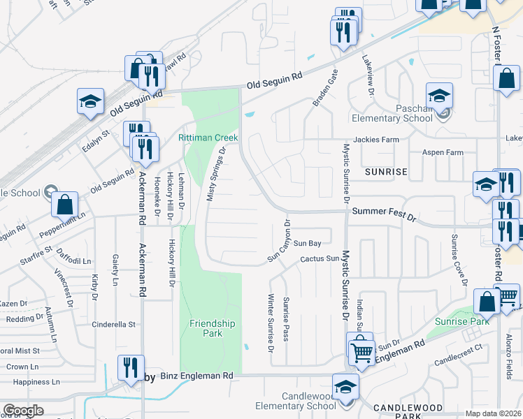 map of restaurants, bars, coffee shops, grocery stores, and more near 5714 Sunshine Peak in San Antonio