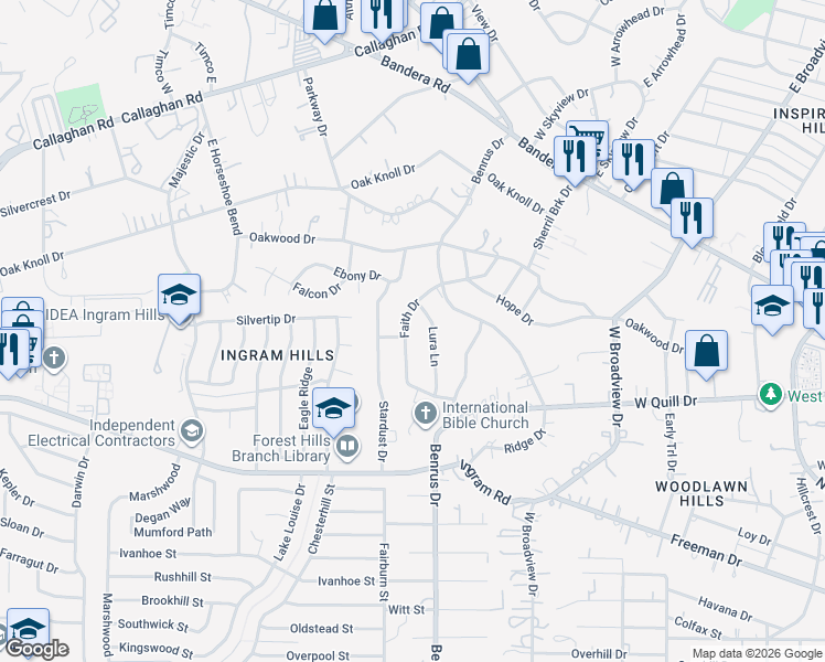 map of restaurants, bars, coffee shops, grocery stores, and more near 216 Faith Drive in San Antonio